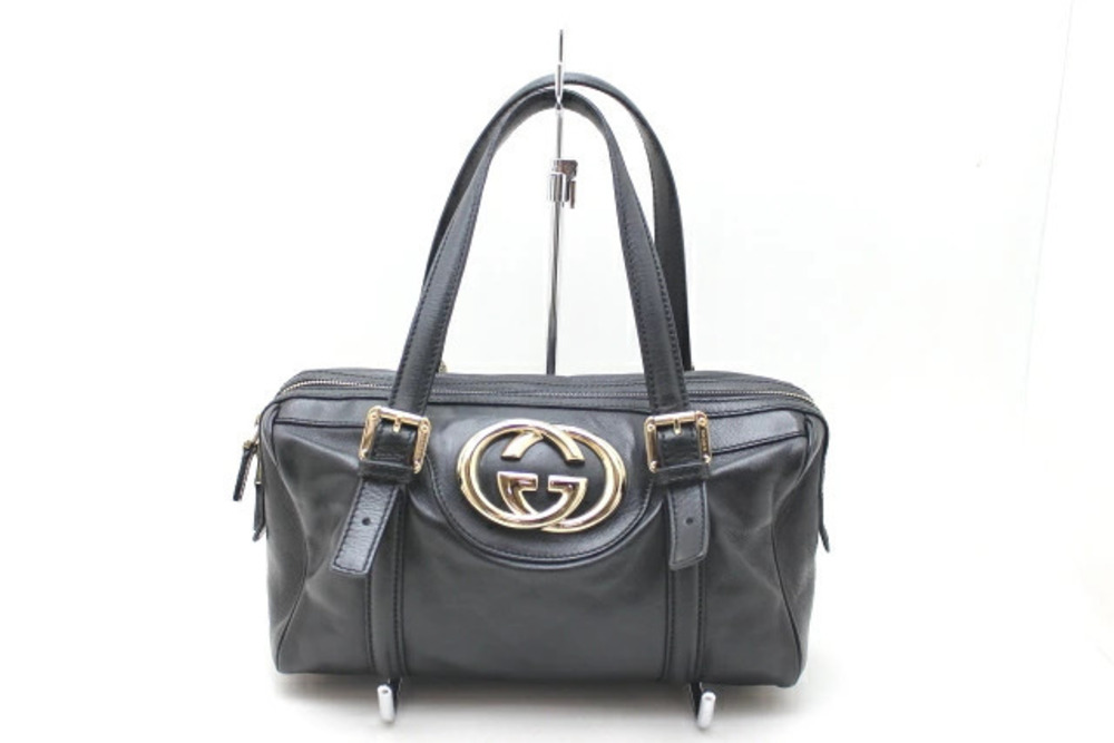 Gucci Brit Double G Handbag Boston Bag Calfskin Black Gold